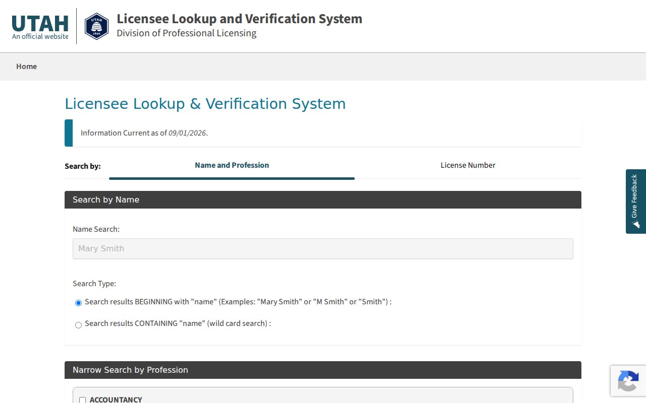Lehi resident lookup professional-license verification route