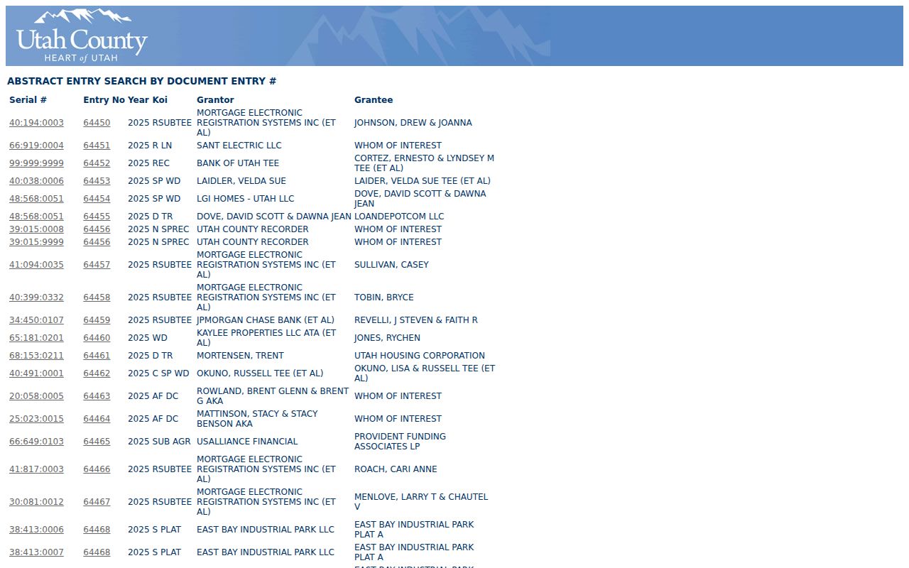 Lehi street directory grantor and grantee entry fields