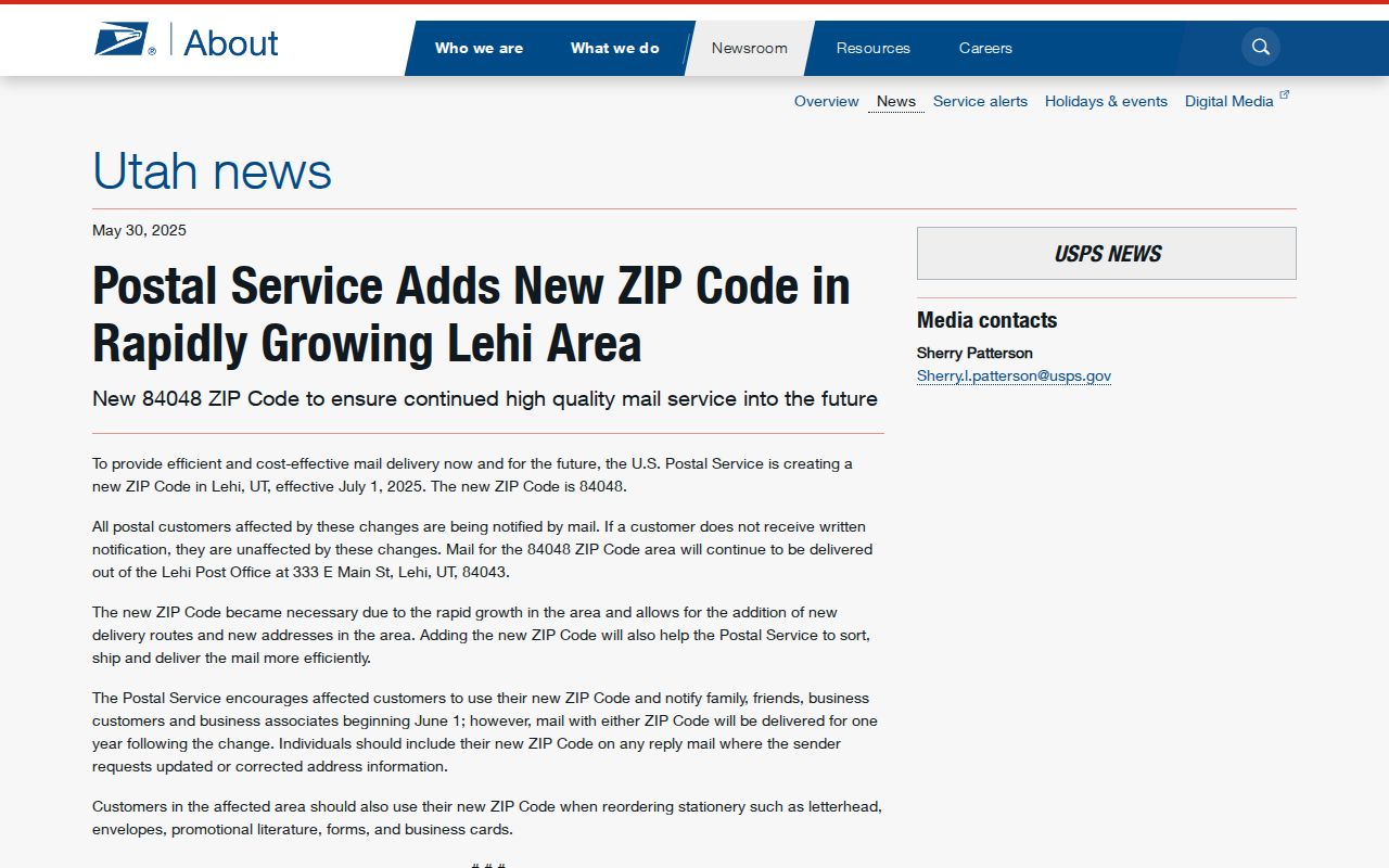 Lehi ZIP code directory USPS announcement for 84048